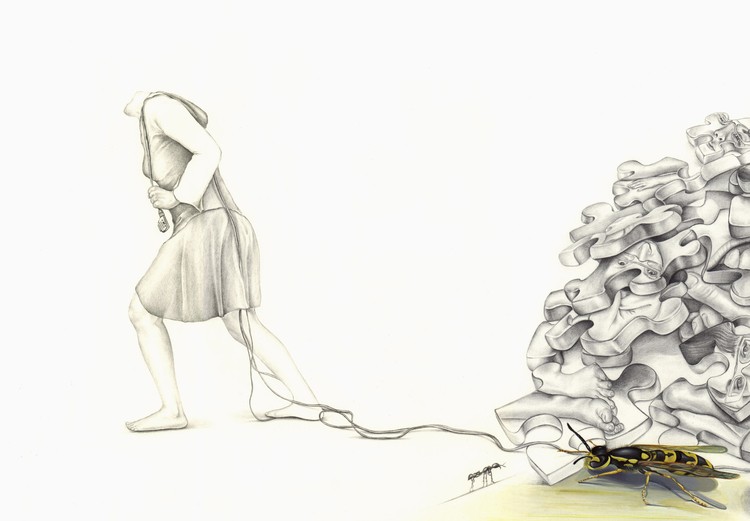 Landscape with puzzles 2012, 102x66cm, pencil & gouache on paper. Detail.