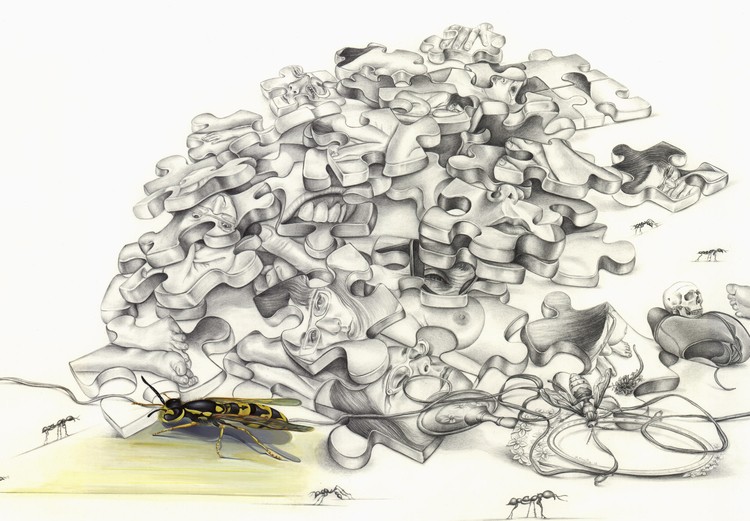 Landscape with puzzles 2012, 102x66cm, pencil & gouache on paper. Detail.