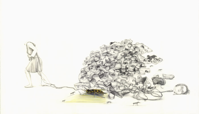 Landscape with puzzles 2012, 102x66cm, pencil & gouache on paper.