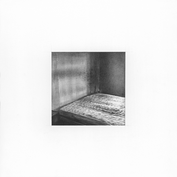 A bedroom 2019, 13x13cm, pencil on paper(31.5x31.5cm)